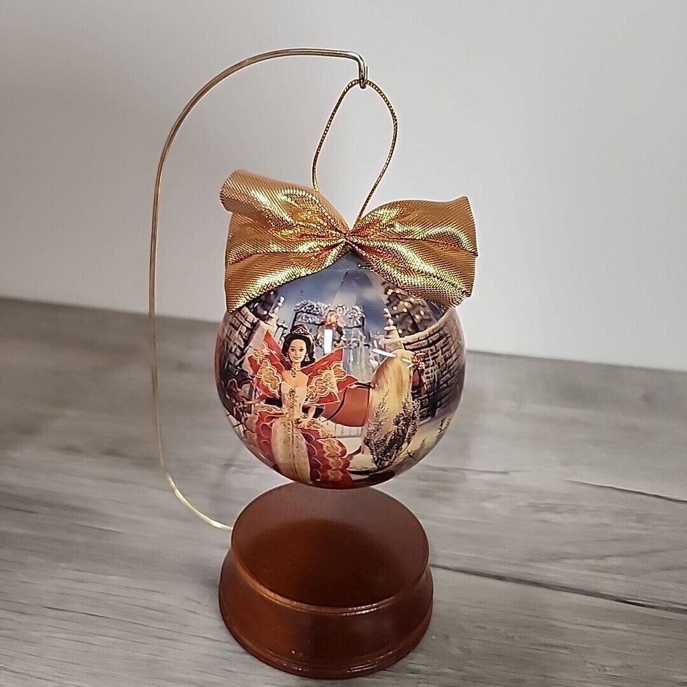 Vintage 1997 Mattel Barbie‎ 4" Round Ornament Decoupage Red Dress Horse Sleigh